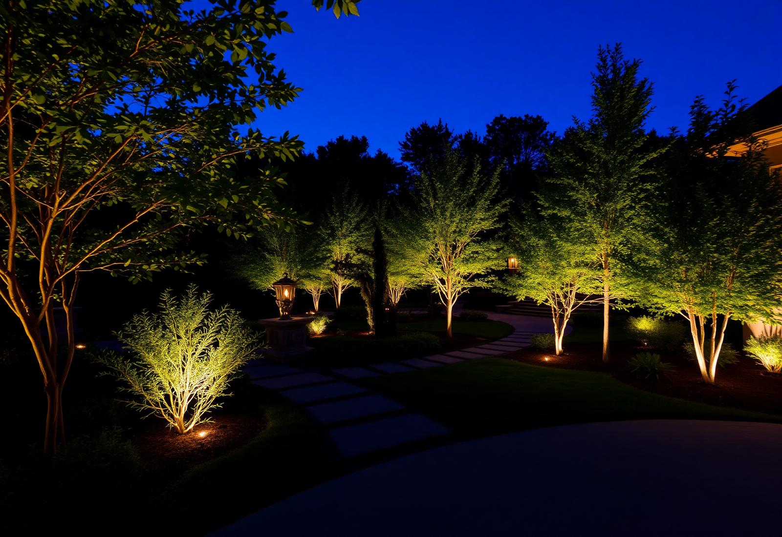Architectural outdoor lighting in luxury garden at twilight